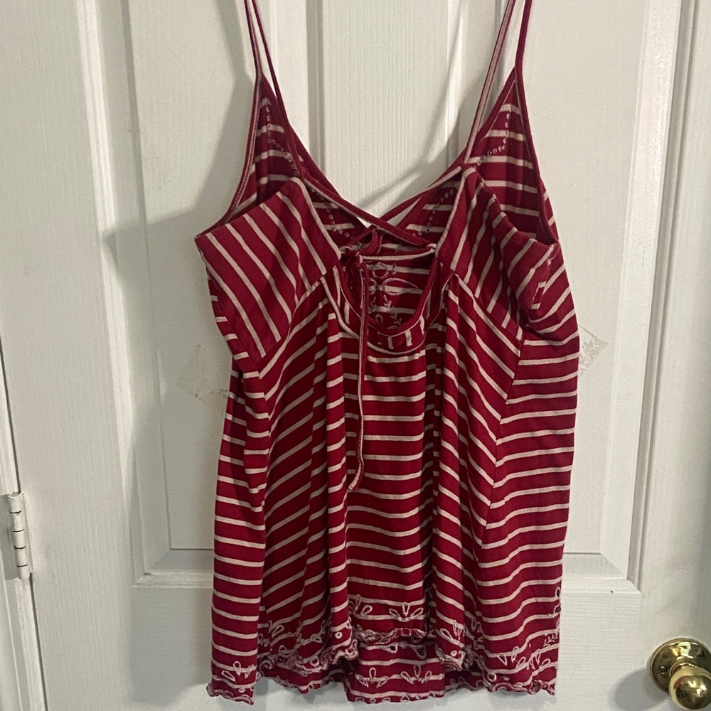 Free People Red and White Striped Embroidered V-Neck Cami - Picture 3 of 5
